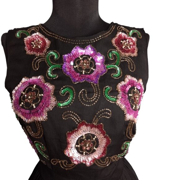 ASOS Size 2 Petite Dress Little Black Embroidered Sleeveless Floral Sequin Beads - Picture 2 of 10